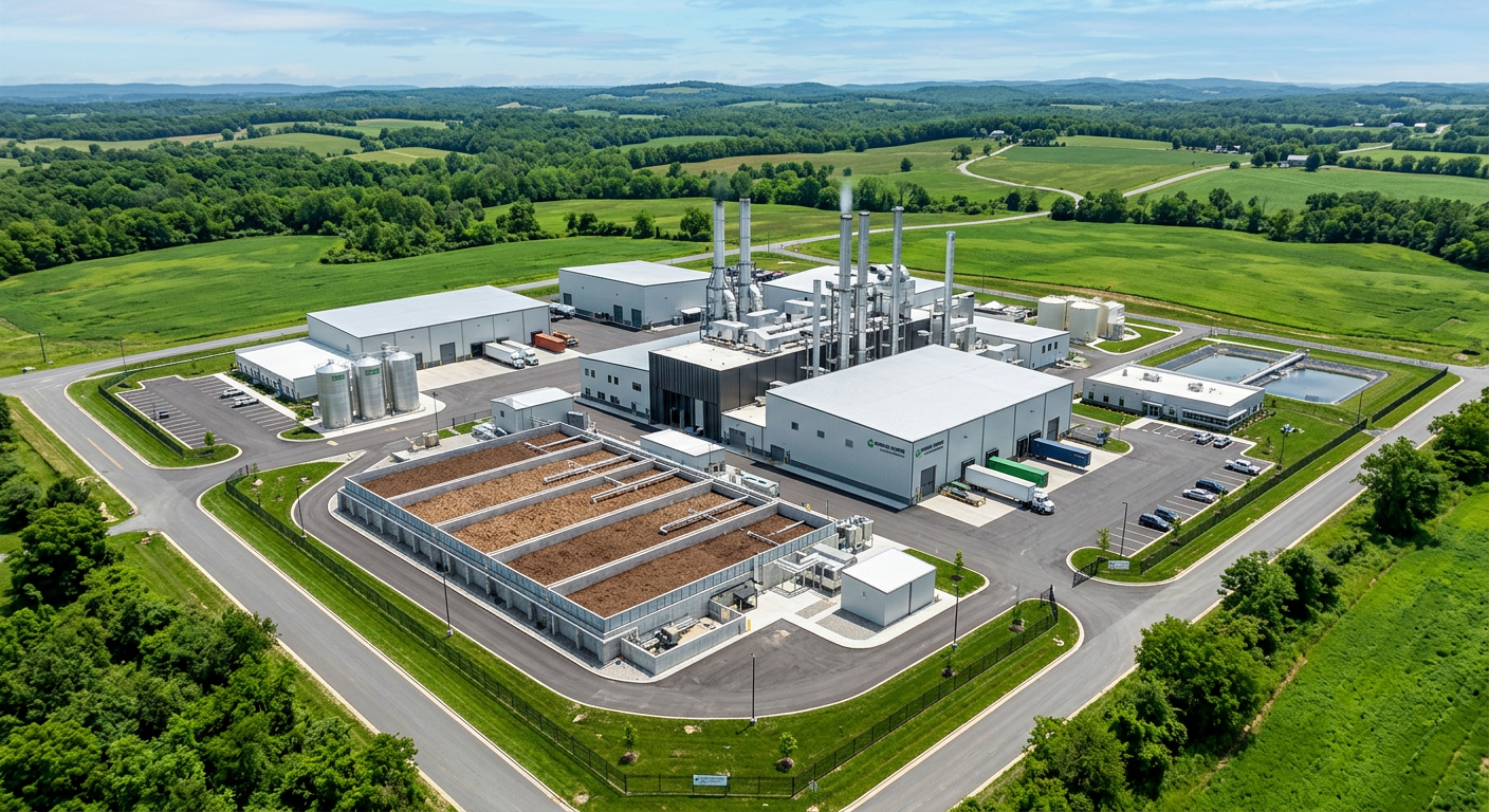 Aerial view of a modern rendering plant with integrated odor control systems