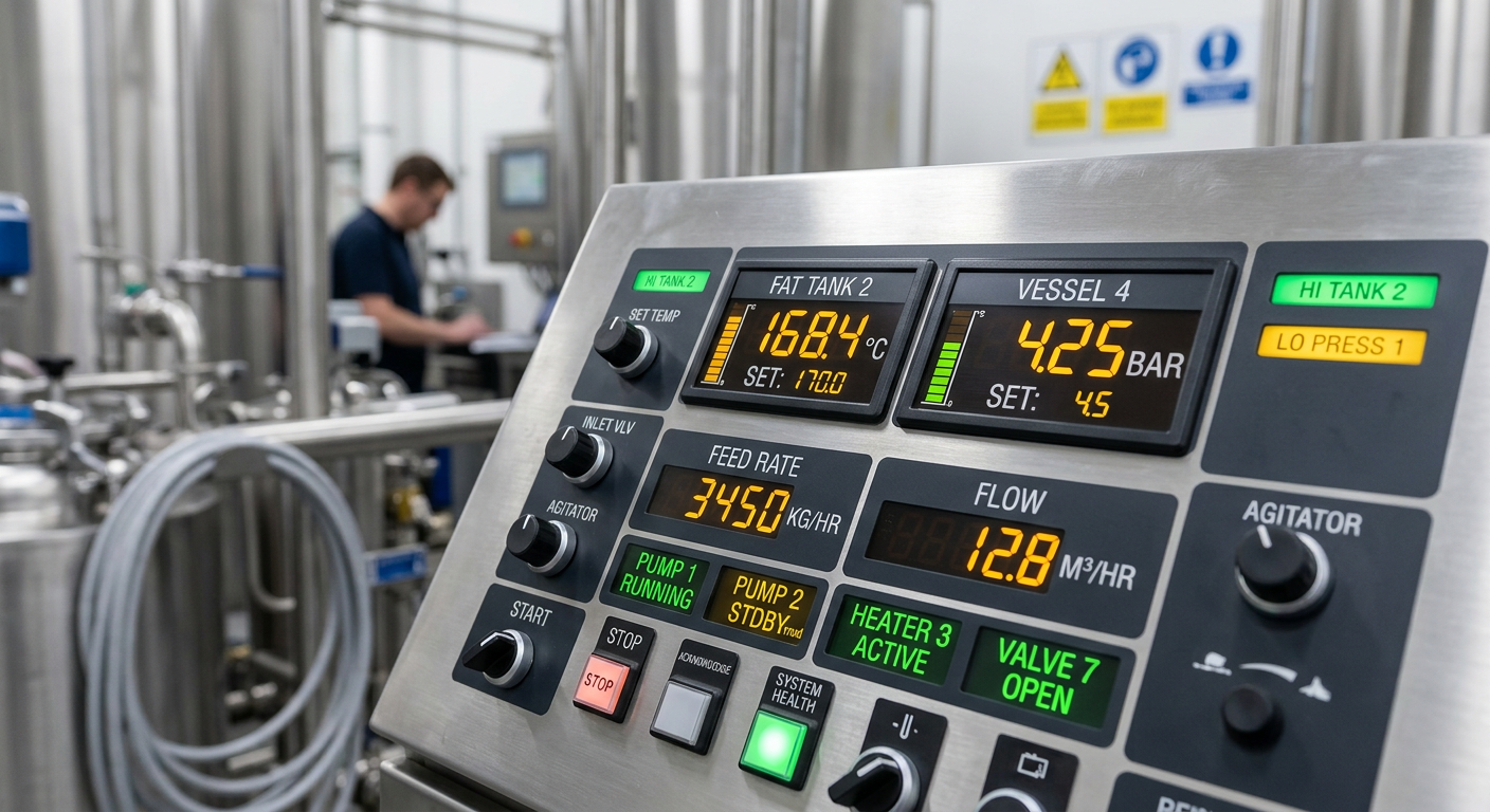 Digital control panel displaying sterilization temperature and pressure data in a rendering plant